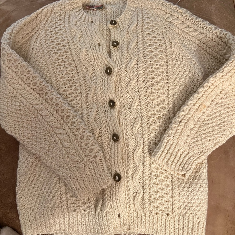 Glenshane Cottage knit Cardigan Sweater Cream Pure Wool Vintage Ireland XS